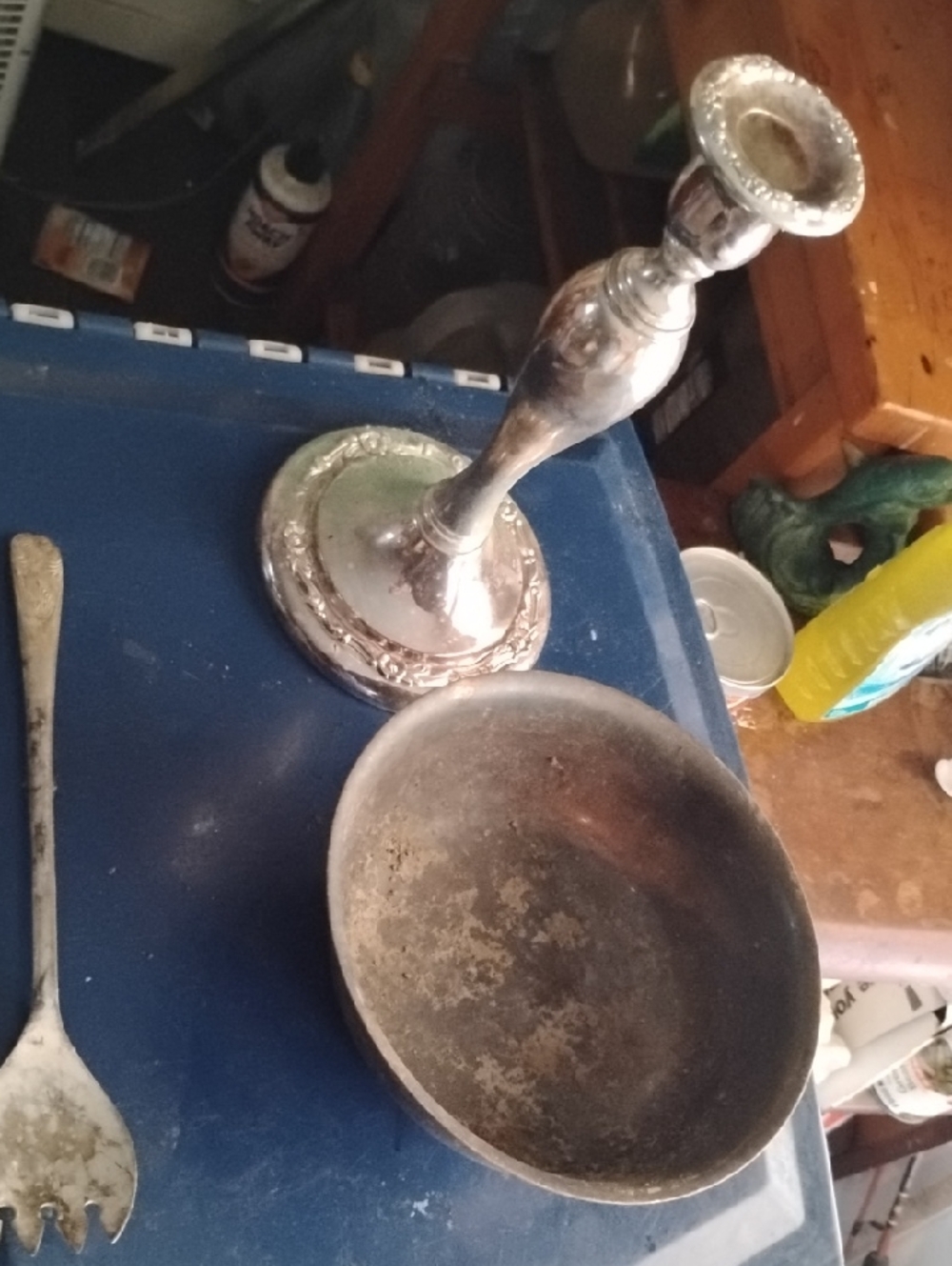 Silver& Decorative Candle Holder and Brass Bowl (Silver)&Plated Lg Spoon+